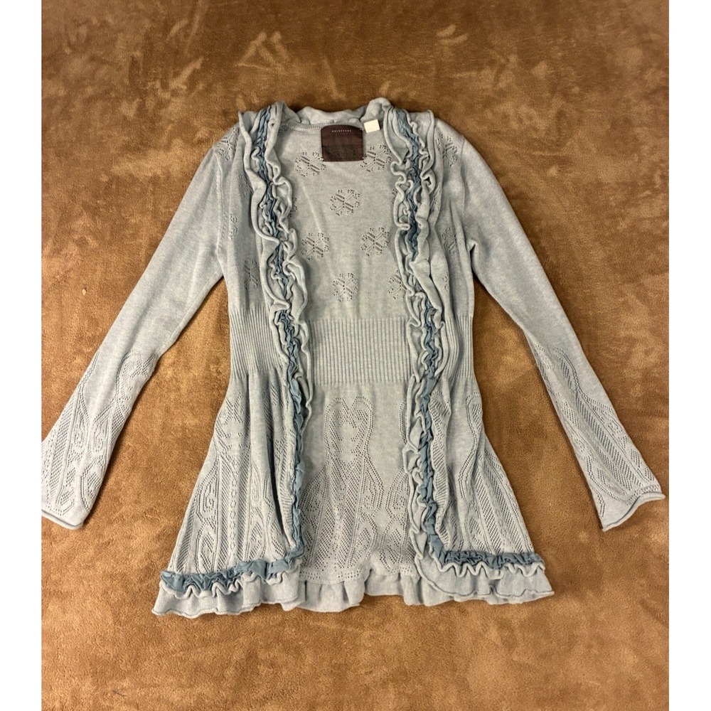 Guinevere Womens M Blue Open Front Ruffle Open-Knit Cardigan Cotton Ballet-core